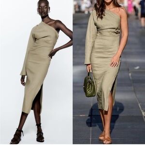 Zara Linen Khaki Green One shoulder dress! Brand New With Tags!!
